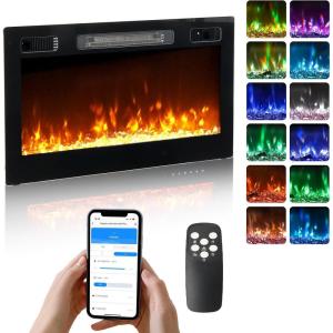 imageROVSUN 30 Electric Fireplace 2in1 UltraThin Wall Mounted ampamp Recessed Fireplace with WiFi ampamp Remote Control ampamp Touch Screen 1500W Wall Heater with 12 Realistic Flame Color Timer ampamp Crystal30inch
