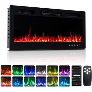 imageROVSUN 30 Electric Fireplace 2in1 UltraThin Wall Mounted ampamp Recessed Fireplace with WiFi ampamp Remote Control ampamp Touch Screen 1500W Wall Heater with 12 Realistic Flame Color Timer ampamp Crystal42inch