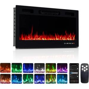 imageROVSUN 30 Electric Fireplace 2in1 UltraThin Wall Mounted ampamp Recessed Fireplace with WiFi ampamp Remote Control ampamp Touch Screen 1500W Wall Heater with 12 Realistic Flame Color Timer ampamp Crystal36inch