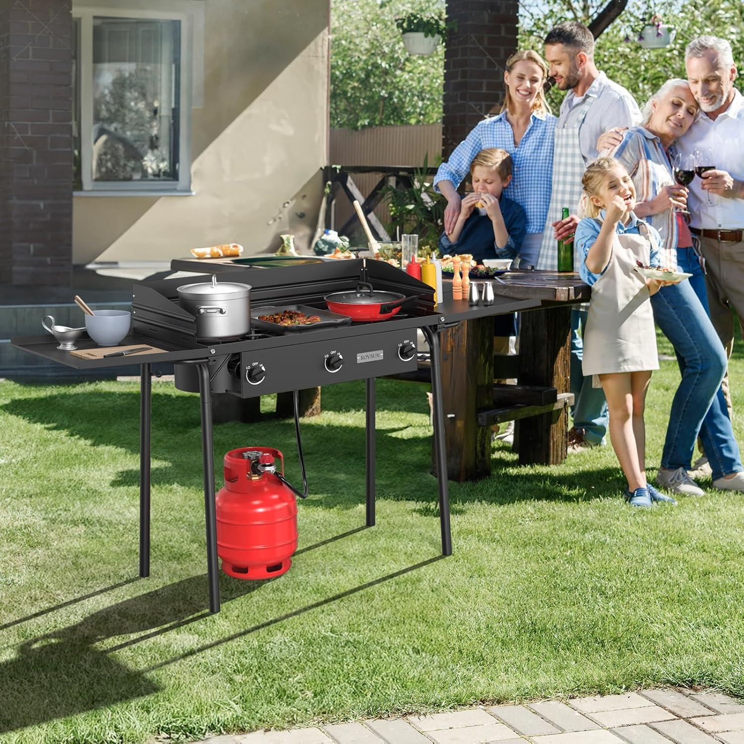 imageROVSUN 3 Burner Propane Gas Stove 225000 BTU High Pressure Outdoor Camping Burner with CSA Listed Regulator Picnic Cooker Perfect for Home Brewing Maple Syrup Patio Turkey Frying Canning3 BurnerDeluxe