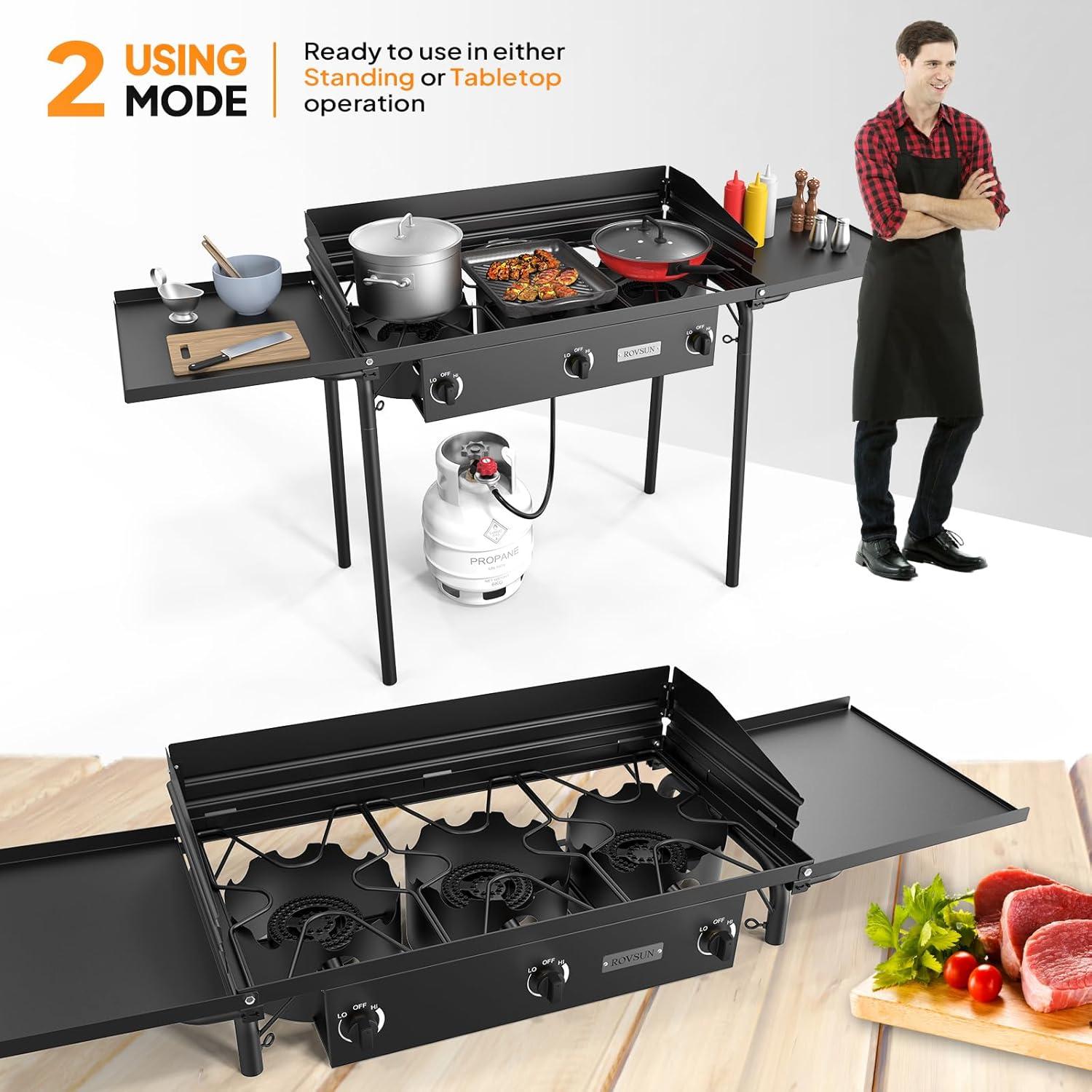 imageROVSUN 3 Burner Propane Gas Stove 225000 BTU High Pressure Outdoor Camping Burner with CSA Listed Regulator Picnic Cooker Perfect for Home Brewing Maple Syrup Patio Turkey Frying Canning3 BurnerDeluxe