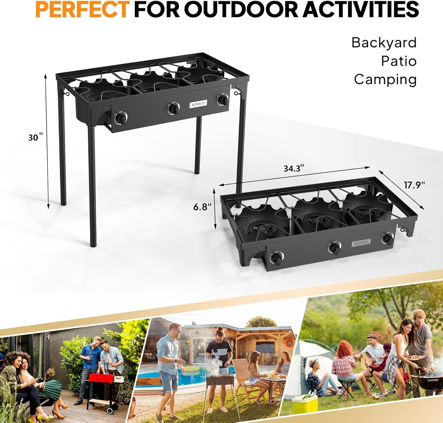 imageROVSUN 3 Burner Propane Gas Stove 225000 BTU High Pressure Outdoor Camping Burner with CSA Listed Regulator Picnic Cooker Perfect for Home Brewing Maple Syrup Patio Turkey Frying Canning3 BurnerClassic