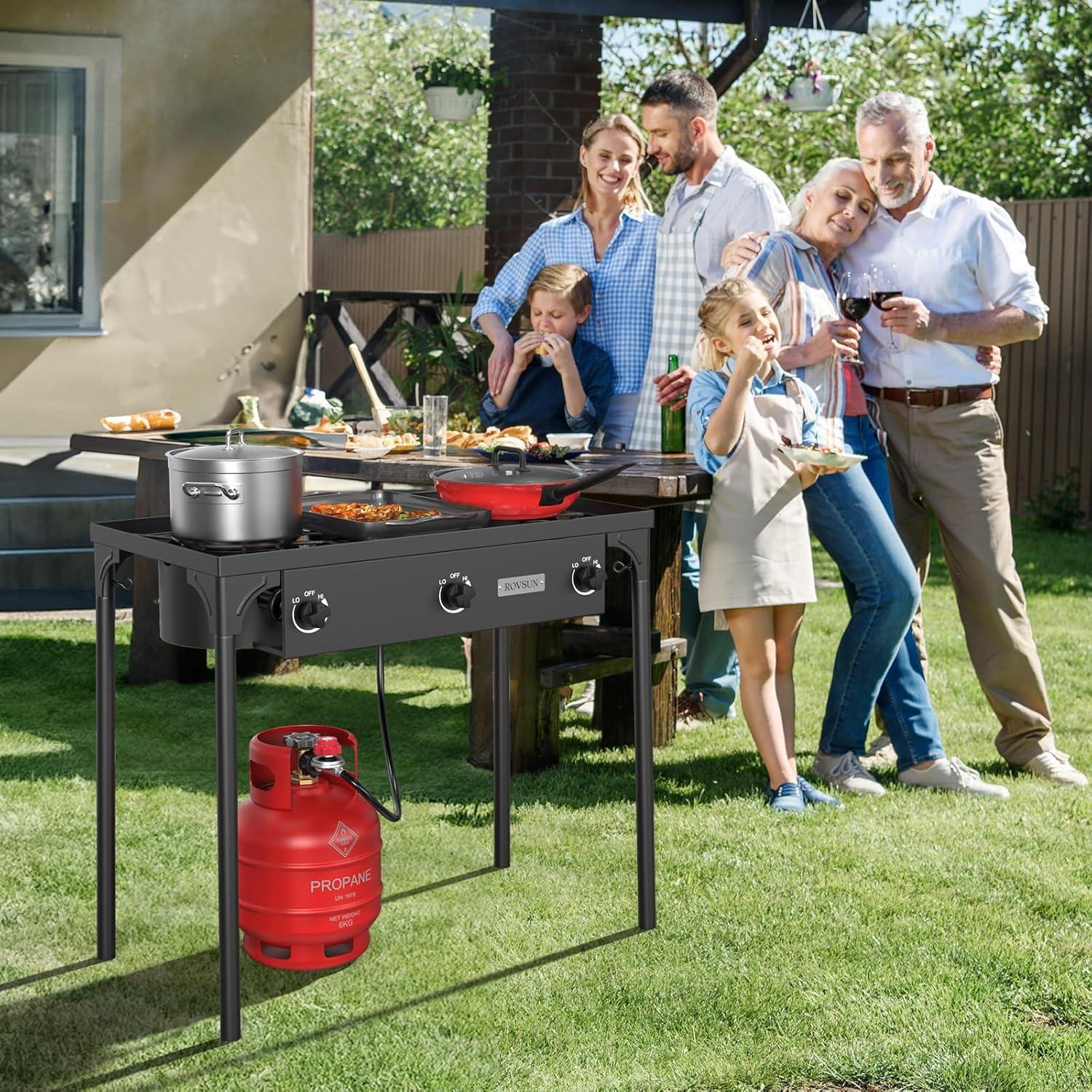 imageROVSUN 3 Burner Propane Gas Stove 225000 BTU High Pressure Outdoor Camping Burner with CSA Listed Regulator Picnic Cooker Perfect for Home Brewing Maple Syrup Patio Turkey Frying Canning3 BurnerClassic