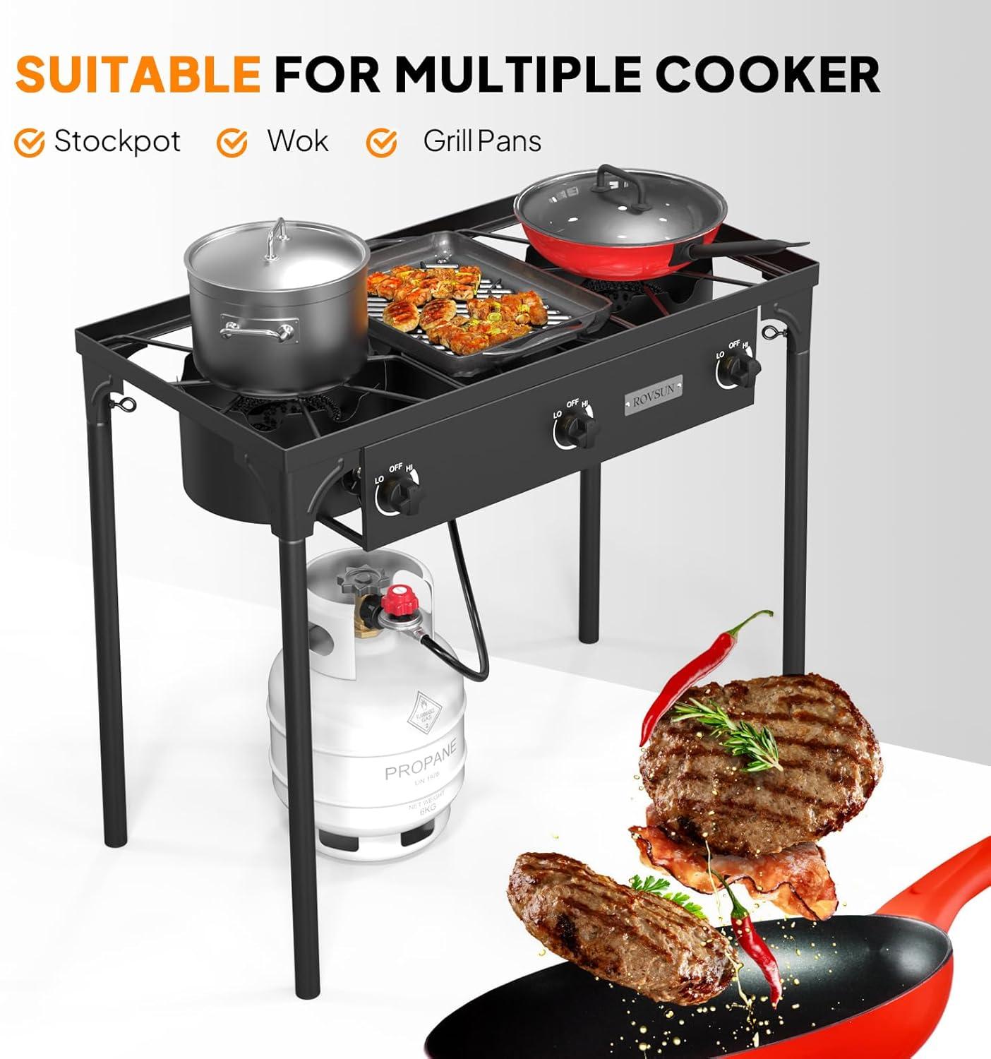 imageROVSUN 3 Burner Propane Gas Stove 225000 BTU High Pressure Outdoor Camping Burner with CSA Listed Regulator Picnic Cooker Perfect for Home Brewing Maple Syrup Patio Turkey Frying Canning3 BurnerClassic