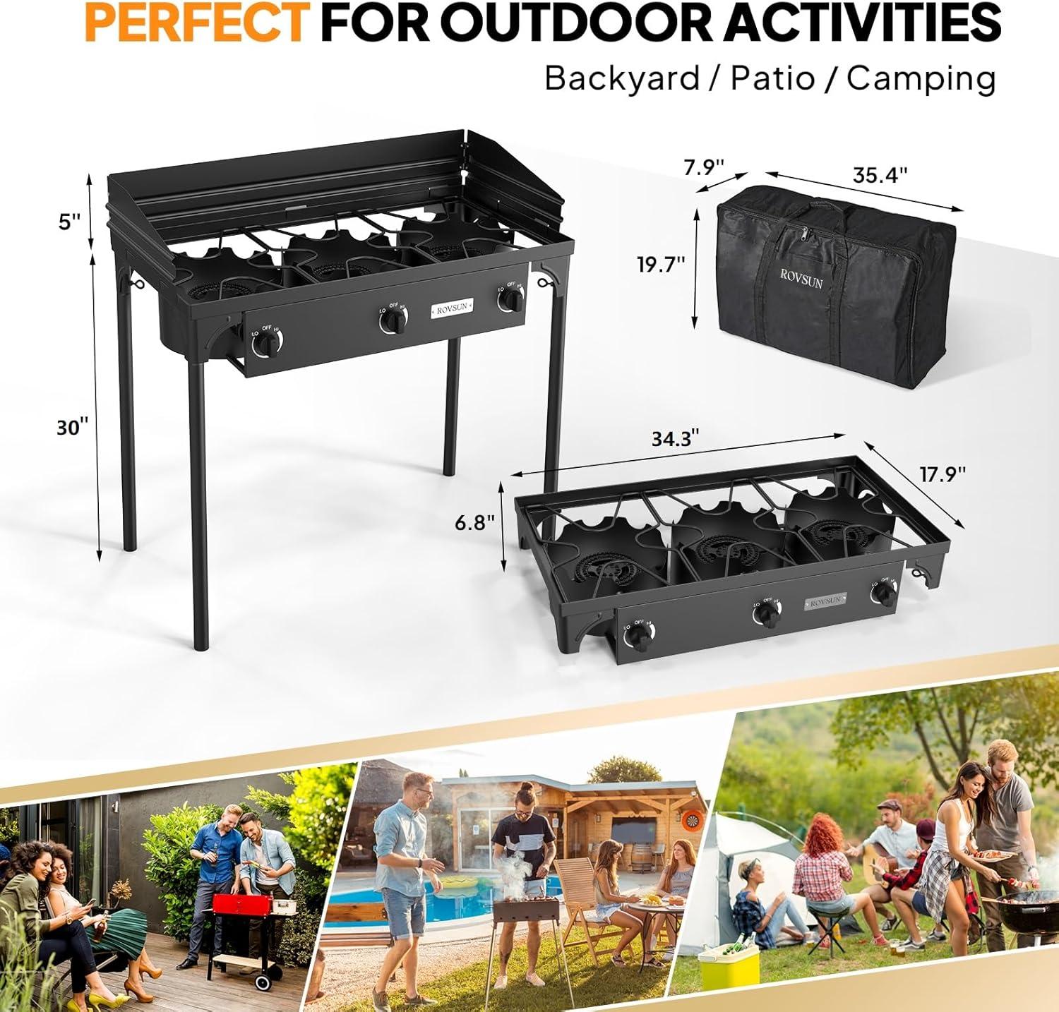 imageROVSUN 3 Burner Propane Gas Stove 225000 BTU High Pressure Outdoor Camping Burner with CSA Listed Regulator Picnic Cooker Perfect for Home Brewing Maple Syrup Patio Turkey Frying Canning3 BurnerFlagship