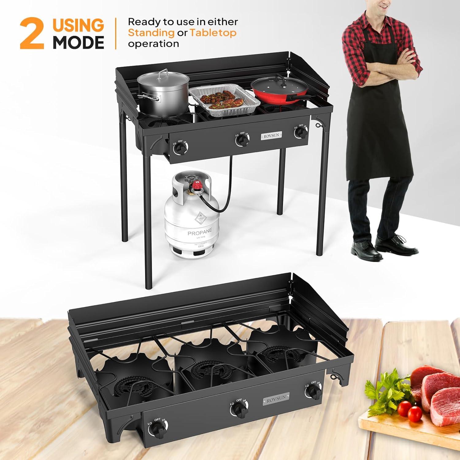 imageROVSUN 3 Burner Propane Gas Stove 225000 BTU High Pressure Outdoor Camping Burner with CSA Listed Regulator Picnic Cooker Perfect for Home Brewing Maple Syrup Patio Turkey Frying Canning3 BurnerFlagship