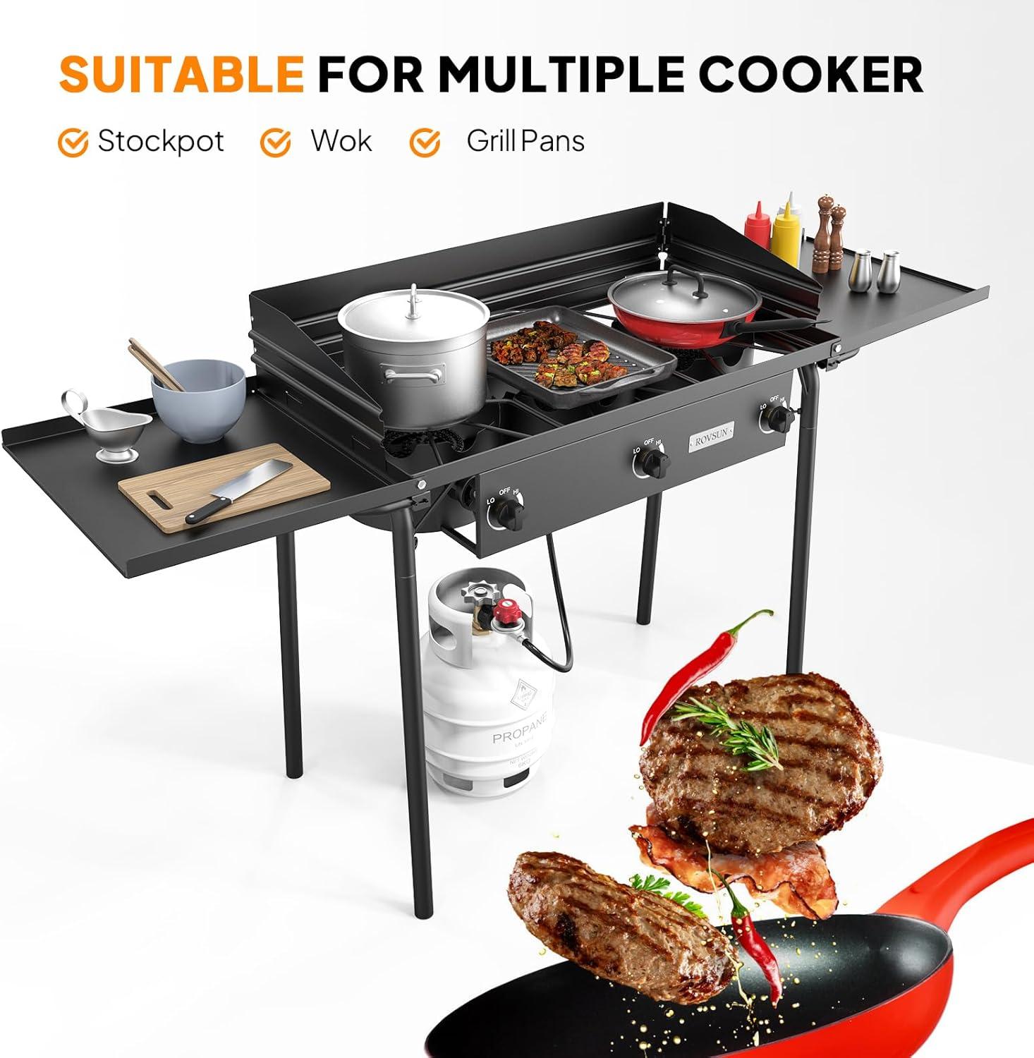 imageROVSUN 3 Burner Propane Gas Stove 225000 BTU High Pressure Outdoor Camping Burner with CSA Listed Regulator Picnic Cooker Perfect for Home Brewing Maple Syrup Patio Turkey Frying Canning3 BurnerDeluxe