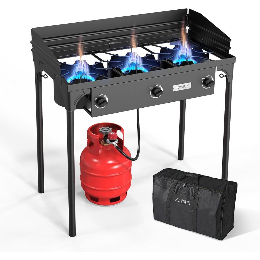imageROVSUN 3 Burner Propane Gas Stove 225000 BTU High Pressure Outdoor Camping Burner with CSA Listed Regulator Picnic Cooker Perfect for Home Brewing Maple Syrup Patio Turkey Frying Canning3 BurnerFlagship