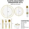 imageROVSUN 800 Pieces Gold Disposable Dinnerware Set 100 Guests Elegant Clear Plastic Plates for Party Wedding100 Dinner Plates Dessert Plates Cups Silverware set Pre Rolled Napkins StrawsClear Gold