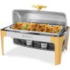 imageROVSUN 9 Quart Stainless Steel Chafing Dish Buffet Set Gold Accent Roll Top Rectangular Buffet Servers and Warmers Set Warming Tray Chafer with Glass Window for Wedding Parties Catering9 QT1Pack