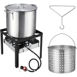 imageROVSUN 10Qt Aluminum Fish Fryer Pot with Strainer Basket Outdoor Fryer with 55000 BTU Propane Gas Burner Thermometer ampamp Lid for Fish Chicken Wings Seafood Frying ampamp Backyard Cooking60QT