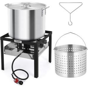 imageROVSUN 10Qt Aluminum Fish Fryer Pot with Strainer Basket Outdoor Fryer with 55000 BTU Propane Gas Burner Thermometer ampamp Lid for Fish Chicken Wings Seafood Frying ampamp Backyard Cooking80QT