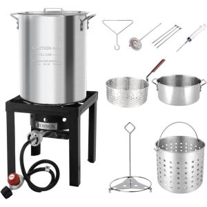imageROVSUN 10Qt Aluminum Fish Fryer Pot with Strainer Basket Outdoor Fryer with 55000 BTU Propane Gas Burner Thermometer ampamp Lid for Fish Chicken Wings Seafood Frying ampamp Backyard Cooking30QT10QT