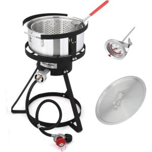imageROVSUN 10Qt Aluminum Fish Fryer Pot with Strainer Basket Outdoor Fryer with 55000 BTU Propane Gas Burner Thermometer ampamp Lid for Fish Chicken Wings Seafood Frying ampamp Backyard Cooking10QT