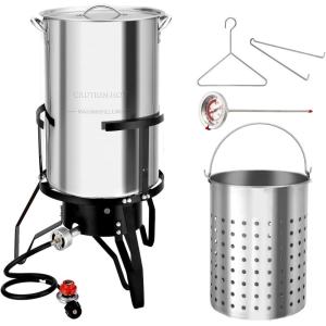 imageROVSUN 10Qt Aluminum Fish Fryer Pot with Strainer Basket Outdoor Fryer with 55000 BTU Propane Gas Burner Thermometer ampamp Lid for Fish Chicken Wings Seafood Frying ampamp Backyard Cooking50QT