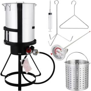 imageROVSUN 10Qt Aluminum Fish Fryer Pot with Strainer Basket Outdoor Fryer with 55000 BTU Propane Gas Burner Thermometer ampamp Lid for Fish Chicken Wings Seafood Frying ampamp Backyard Cooking30QT