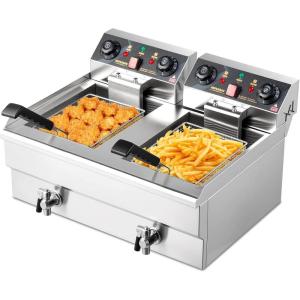 imageROVSUN 114QT Electric Commercial Deep Fryer with Basket ampamp Lid Countertop Kitchen Frying Machine Temperature Adjustable Stainless Steel French Fryer for French Fries Donuts Onion Rings 2500Wwith Timer  Drain249QT