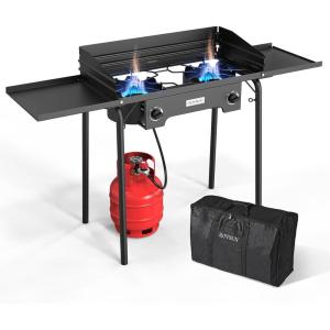 imageROVSUN 2 Burner Outdoor Propane Gas Stove 150000 BTU High Pressure Stand Cooker for Backyard Cooking Camping Home Brewing Canning Turkey Frying 20 PSI Regulator2 Burner ShelvesWindscreenBag