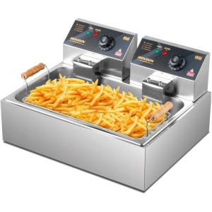 imageROVSUN 228QT216L Electric Deep Fryer Commercial Deep Fryer with Baskets Lids Countertop Stainless Steel Dual Tank Kitchen Fat Fryer Frying Machine for French Fries Donuts Adjustable Temp 3400W238QT