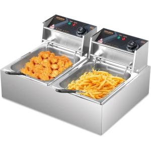 imageROVSUN 228QT216L Electric Deep Fryer Commercial Deep Fryer with Baskets Lids Countertop Stainless Steel Dual Tank Kitchen Fat Fryer Frying Machine for French Fries Donuts Adjustable Temp 3400W228QT