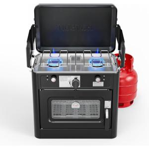 imageROVSUN 2in1 Portable Camping Stove ampamp Propane Oven with Piezo Igniter 2 Burner Stove ampamp Outdoor Oven with Adjustable Fire Thermometer Wind Panel ampamp Regulator for Traveling Tailgating BlackStove  Oven Black