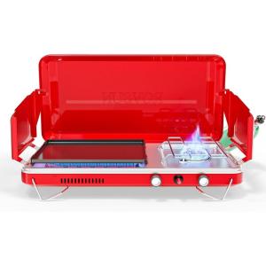 imageROVSUN 2in1 Portable Camping Stove ampamp Propane Oven with Piezo Igniter 2 Burner Stove ampamp Outdoor Oven with Adjustable Fire Thermometer Wind Panel ampamp Regulator for Traveling Tailgating BlackStove  Griddle Red