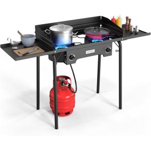 imageROVSUN 3 Burner Gas Stove with 2 Side Shelves 225000BTU Portable Propane Stove with Removable Leg Wind Panel Regulator for Camping Home Backyard Outdoor Cooking Brewing Canning Turkey Frying2Burner shelf