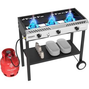 imageROVSUN 3 Burner Outdoor Propane Burner with Ignition ampamp Regulator 225000 BTU Powerful ampamp Portable Gas Stove Outdoor Stand Cooker for Backyard Patio Cooking Home Camping Brewing Canning Turkey Fryingstove