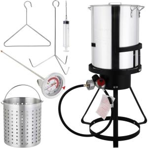 imageROVSUN 30QT Turkey Fryer with Boiler Steamer Set Basket ampamp 55000BTU Propane Burner Outdoor Deep Fryer ampamp Seafood Crawfish Boil Pot with Thermometer Marinade Injector Turkey Rack ampamp Rack Lifter30QT