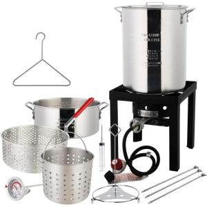 imageROVSUN 30QT Turkey Fryer with Boiler Steamer Set Basket ampamp 55000BTU Propane Burner Outdoor Deep Fryer ampamp Seafood Crawfish Boil Pot with Thermometer Marinade Injector Turkey Rack ampamp Rack Lifter30QT  10QT