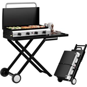 imageROVSUN 4 Burner Foldable Propane Griddle with Wheels Enameled Tray ampamp Lid 40000 BTU Portable Rolling Flat Top Gas Grill with Electronic Ignition ampamp Regulator for Outdoor Cooking Camping BBQ Tailgating4 Burner