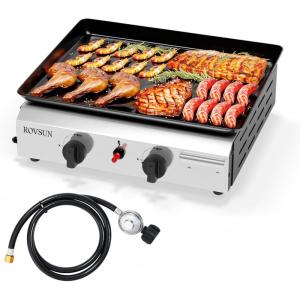 imageROVSUN 4 Burner Portable Propane Griddle with Nonstick Enameled Tray 40000 BTU Rolling Flat Top Gas Grill with Electronic Ignition Side Shelves ampamp Regulator for Outdoor Cooking Camping BBQ Tailgating2 Burner  Tabletop