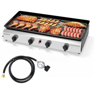 imageROVSUN 4 Burner Portable Propane Griddle with Nonstick Enameled Tray 40000 BTU Rolling Flat Top Gas Grill with Electronic Ignition Side Shelves ampamp Regulator for Outdoor Cooking Camping BBQ Tailgating4 Burner  Tabletop