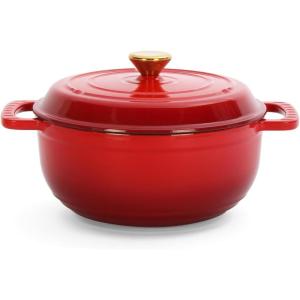 imageROVSUN 5 Quart Enameled Cast Iron Dutch Oven with Lid Dual Handles Oven Safe up to 500F or on Stovetop Compatible for Braising Stews Roasting Bread BakingBlueRed