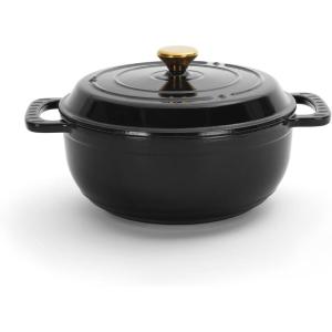 imageROVSUN 5 Quart Enameled Cast Iron Dutch Oven with Lid Dual Handles Oven Safe up to 500F or on Stovetop Compatible for Braising Stews Roasting Bread BakingBlueBlack