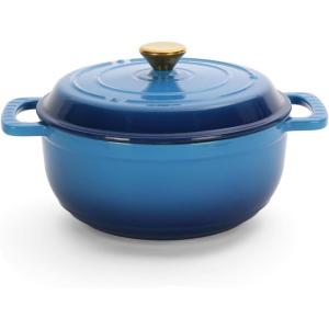 imageROVSUN 5 Quart Enameled Cast Iron Dutch Oven with Lid Dual Handles Oven Safe up to 500F or on Stovetop Compatible for Braising Stews Roasting Bread BakingBlueBlue