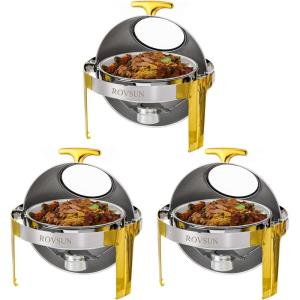 imageROVSUN 6 Quart 2 Packs Round Chafing Dish Buffet Set Gold Accent Stainless Steel Roll Top Chafer for Catering Food Warmer with Glass Window for Party Wedding Catering Banquet Graduation Event3