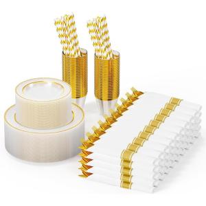 imageROVSUN 800 Pieces Gold Disposable Dinnerware Set 100 Guests Elegant Clear Plastic Plates for Party Wedding100 Dinner Plates Dessert Plates Cups Silverware set Pre Rolled Napkins StrawsClear Gold