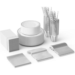 imageROVSUN 800 Pieces Gold Disposable Dinnerware Set 100 Guests Elegant Clear Plastic Plates for Party Wedding100 Dinner Plates Dessert Plates Cups Silverware set Pre Rolled Napkins StrawsSilver