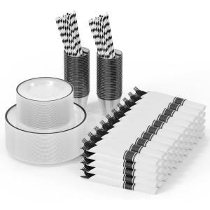 imageROVSUN 800Piece Silver Disposable Dinnerware Set for 100 Guests  Elegant Plastic Plates Napkins Silverware Dessert Plates Cups StrawsBlack
