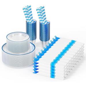 imageROVSUN 800Piece Silver Disposable Dinnerware Set for 100 Guests  Elegant Plastic Plates Napkins Silverware Dessert Plates Cups StrawsBlue