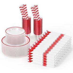 imageROVSUN 800Piece Silver Disposable Dinnerware Set for 100 Guests  Elegant Plastic Plates Napkins Silverware Dessert Plates Cups StrawsRed