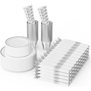 imageROVSUN 800Piece Silver Disposable Dinnerware Set for 100 Guests  Elegant Plastic Plates Napkins Silverware Dessert Plates Cups StrawsSilver