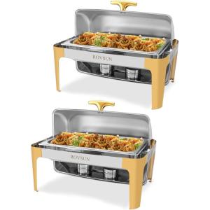 imageROVSUN 9 Quart Stainless Steel Chafing Dish Buffet Set Gold Accent Roll Top Rectangular Buffet Servers and Warmers Set Warming Tray Chafer with Glass Window for Wedding Parties Catering9 QT2Packs