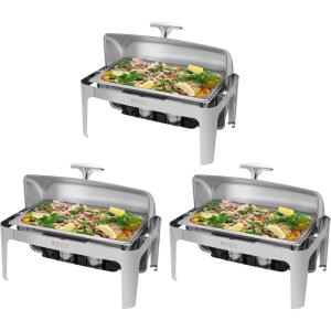 imageROVSUN Chafing Dish Buffet Set 9 Quart Roll Top Stainless Steel Chafer NSF Rectangular Set with Food Pan Water Pan and Fuel Holders for Wedding Parties Banquet Catering Events3 Packs