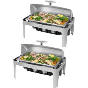 imageROVSUN Chafing Dish Buffet Set 9 Quart Roll Top Stainless Steel Chafer NSF Rectangular Set with Food Pan Water Pan and Fuel Holders for Wedding Parties Banquet Catering Events2 Packs