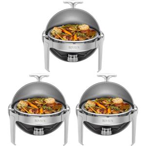 imageROVSUN Chafing Dish Buffet Set6 Quart Roll Top Stainless Steel Chafer NSF Round Set with Food Pan Water Pan and Fuel Holders for Wedding Parties Banquet Catering Events6 QT3 Packs