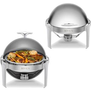 imageROVSUN Chafing Dish Buffet Set6 Quart Roll Top Stainless Steel Chafer NSF Round Set with Food Pan Water Pan and Fuel Holders for Wedding Parties Banquet Catering Events6 QT2 Packs