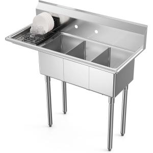 imageROVSUN Commercial Sink Stainless Steel Sink with 3 Compartment and 2 Sides Drain Rack 20quot x 54quot x 435quot Freestanding Utility Sink Great for Restaurant Kitchen Laundry Room Garage SunroomLeft Drainboard