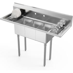 imageROVSUN Commercial Sink Stainless Steel Sink with 3 Compartment and 2 Sides Drain Rack 20quot x 54quot x 435quot Freestanding Utility Sink Great for Restaurant Kitchen Laundry Room Garage Sunroom2 Drainboards